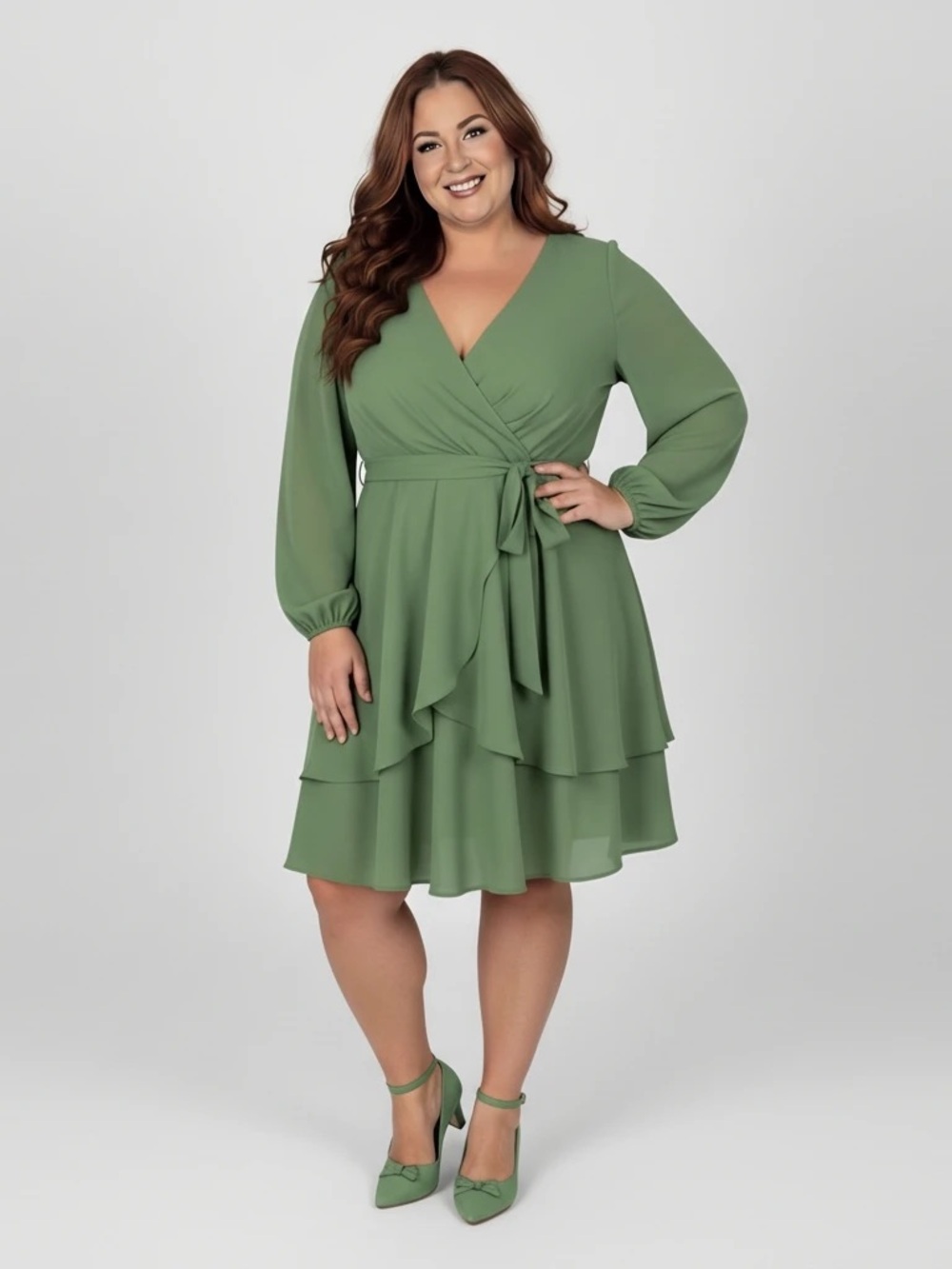 Kojooin Green Faux-Wrap Tiered Ruffle High-Low Mini Dress – Women’s 2X NWT